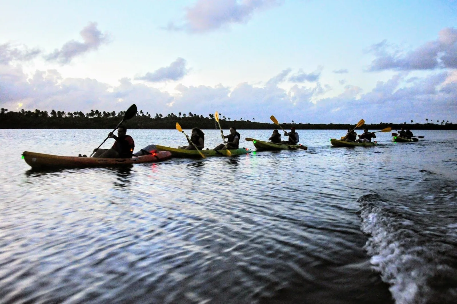 Silhouetted kayakers rafted together on open water under a dusk sky