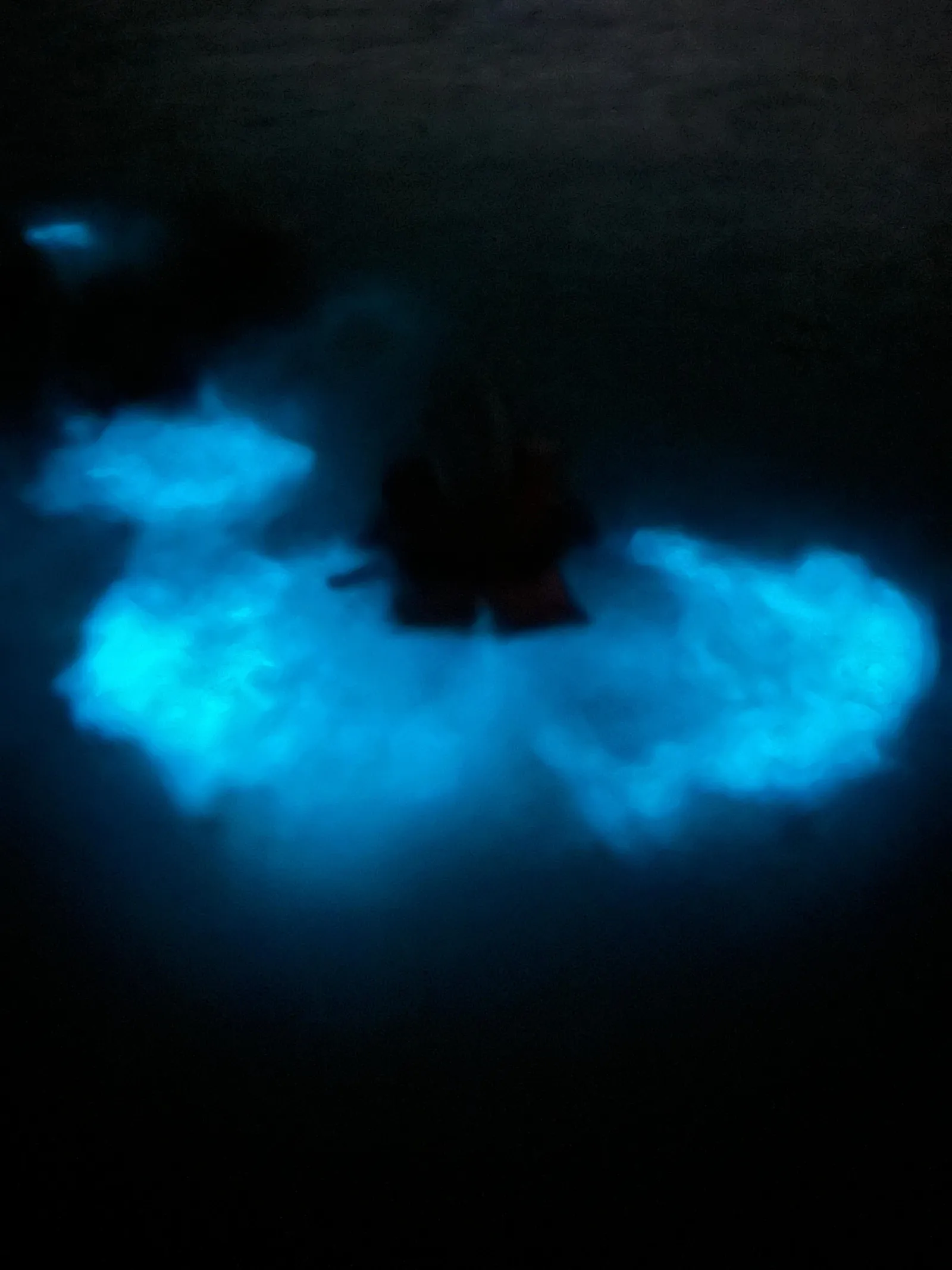 A wide swirl of blue-green bioluminescence spreading through dark water